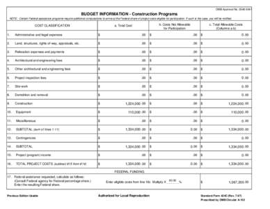 OMB Approval No[removed]BUDGET INFORMATION - Construction Programs NOTE: Certain Federal assistance programs require additional computations to arrive at the Federal share of project costs eligible for participation.