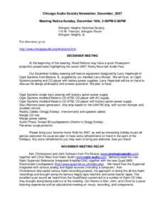 Chicago Audio Society Newsletter, December, 2007 Meeting Notice-Sunday, December 16th, 2:00PM-5:00PM Arlington Heights Historical Society