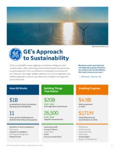 Block Island Wind Farm  GE’s Approach to Sustainability At GE, sustainability means aligning our business strategy to meet societal needs, while minimizing environmental impact and advancing