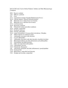 ICD-9-CM Codes used to define pediatric arthritis and other rheumatologic conditions