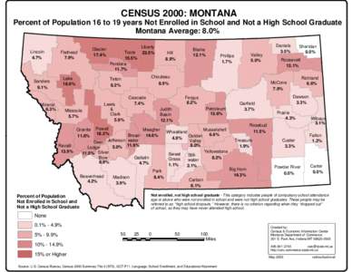 CENSUS 2000: MONTANA Percent of Population 16 to 19 years Not Enrolled in School and Not a High School Graduate Montana Average: 8.0% Lincoln 4.7%