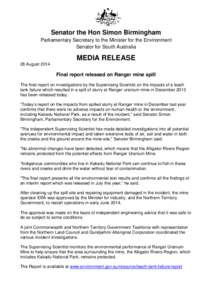 Final report released on Ranger mine spill - media release 28 August 2014