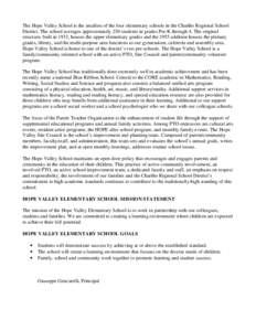 The Hope Valley School is the smallest of the four elementary schools in the Chariho Regional School District. The school averages approximately 250 students in grades Pre-K through 4. The original structure, built in 19