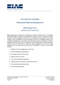 Key business messages Sustainable Materials Management OECD Global Forum Mechelen, 25-27 October 2010
