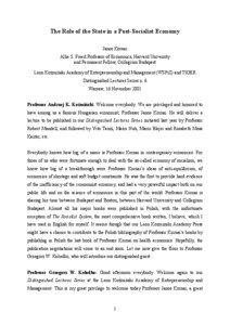 The Role of the State in a Post-Socialist Economy Janos Kornai Allie S. Freed Professor of Economics, Harvard University