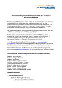 Badesaison beginnt: Gute Wasserqualität der Badeseen im Alb-Donau-Kreis Die Wasserqualität ist gut, das Baden im See ist unbedenklich. Die zehn Badeseen im Alb-Donau-Kreis wurden jetzt, zum Saisonstart Anfang Juni, auf