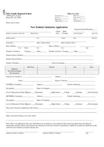 Holy Family Regional School Application Office Use Only