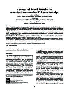 Sources of brand benefits in manufacturer-reseller B2B relationships Mark S. Glynn Faculty of Business, Auckland University of Technology, Auckland, New Zealand  Judy Motion