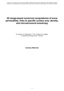 Calonne, N., C. Geindreau, F. Flin, S. Morin, B. Lesaffre, S. Rolland du Roscoat and P. Charrier (2012), 3D image-based numerical computations of snow permeability: links to specific surface area, density, and microstruc