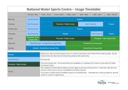National Water Sports Centre – Usage Timetable Sunrise - 9am 9am - 11am  11am- 12pm