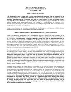 CALIAN TECHNOLOGIES LTD. MANAGEMENT PROXY CIRCULAR DECEMBER 3, 2010 SOLICITATION OF PROXIES This Management Proxy Circular (this “Circular”) is furnished in connection with the solicitation by the management of CALIA