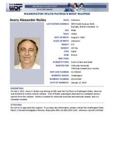 WASHINGTON STATE PATROL’S MOST WANTED  Avery Alexander Noiles ALIAS: Unknown LAST KNOWN ADDRESS: 3955 Smith Avenue #206