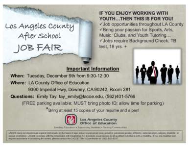 Los Angeles County After School JOB FAIR  IF YOU ENJOY WORKING WITH