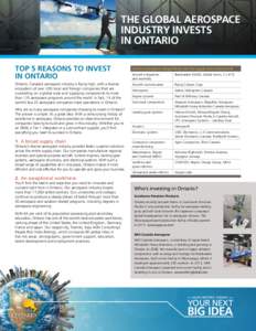 THE GLOBAL AEROSPACE INDUSTRY INVESTS IN ONTARIO TOP 5 REASONS TO INVEST IN ONTARIO Ontario, Canada’s aerospace industry is flying high, with a diverse