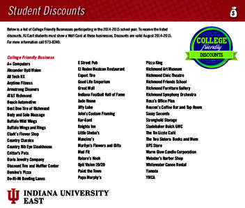 Student Discounts   Below is a list of College Friendly Businesses participating in the[removed]school year. To receive the listed discounts, IU East students must show a Wolf Card at these businesses. Discounts are