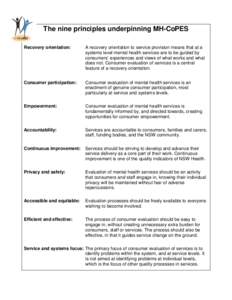 The nine principles underpinning MH-CoPES Recovery orientation: A recovery orientation to service provision means that at a systems level mental health services are to be guided by consumers’ experiences and views of w