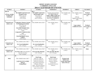 SIDNEY SUSSEX COLLEGE CAMBRIDGE, ENGLAND 2014 CALENDAR OF EVENTS SUNDAY June 29