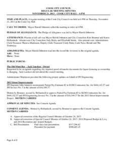 COOK CITY COUNCIL REGULAR MEETING MINUTES NOVEMBER 21, 2013 – COOK CITY HALL – 6 PM TIME AND PLACE: A regular meeting of the Cook City Council was held at 6 PM on Thursday, November 21, 2013 at the Cook City Hall. CA