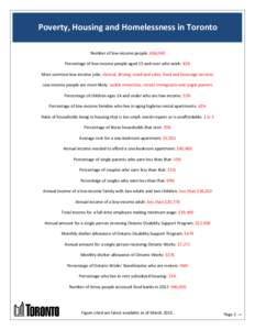 Poverty, Housing and Homelessness in Toronto Number of low-income people: 604,048 Percentage of low-income people aged 15 and over who work: 43% Most common low-income jobs: clerical, driving, retail and sales, food and 