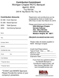 Contribution Commitment  Michigan Chapter ROTC Banquet April 8, 2016 Troy Marriott 200 W. Big Beaver Rd, Troy, MI
