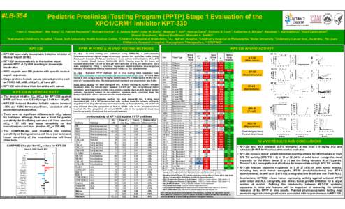 #LB-354  Pediatric Preclinical Testing Program (PPTP) Stage 1 Evaluation of the XPO1/CRM1 Inhibitor KPT-330  Peter J. Houghton1, Min Kang2, C. Patrick Reynolds2, Richard Gorlick3, E. Anders Kolb4, John M. Maris5, Stephen