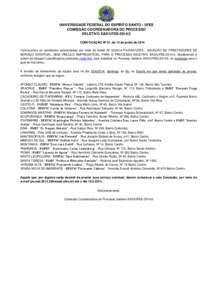 UNIVERSIDADE FEDERAL DO ESPÍRITO SANTO - UFES COMISSÃO COORDENADORA DO PROCESSO SELETIVO EAD/UFES[removed]CONVOCAÇÃO Nº 01, de 13 de junho de 2014 Convocamos os candidatos selecionados por meio do Edital Nº [removed]-