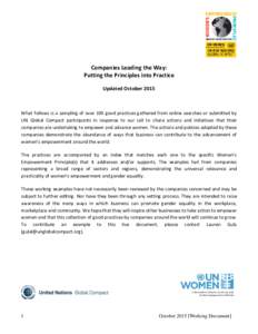 Companies Leading the Way: Putting the Principles into Practice Updated October 2015 What follows is a sampling of over 100 good practices gathered from online searches or submitted by UN Global Compact participants in r