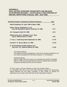 APPENDIX A. ORAL HISTORY INTERVIEW TRANSCRIPTS AND RELEASE OF INTERVIEW RECORDS – SOUTH KOHALA AND PORTIONS OF KEKAHA, NORTH KONA (February 1998 – AprilOral History Program Participants and Dates of Interview