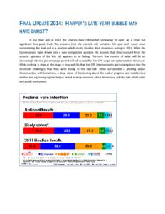 FINAL UPDATE 2014: HARPER’S LATE YEAR BUBBLE MAY HAVE BURST? In our final poll of 2014 the Liberals have rebounded somewhat to open up a small but significant four-point lead. This ensures that the Liberals will comple