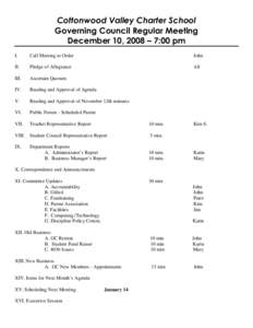 Cottonwood Valley Charter School Governing Council Regular Meeting December 10, 2008 – 7:00 pm I.  Call Meeting to Order
