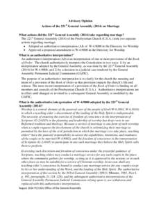 Advisory Opinion Actions of the 221st General Assembly[removed]on Marriage What actions did the 221st General Assembly[removed]take regarding marriage? The 221st General Assembly[removed]of the Presbyterian Church (U.S.A.) 