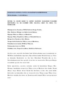 MAHAFALI YA KUNDI LA NANE LA MADAKTARI WASAIDIZI IFAKARA TTCIH, IFAKARA, 17 AUGUSTI 2014 HOTUBA YA MGENI RASMI YA KUFUZU MAFUNZO MADAKTARI WASAIDIZI ILIYOTOLEWA NA DR GODFREY MTEY, MGANGA MKUU WA MKOA WA MOROGORO