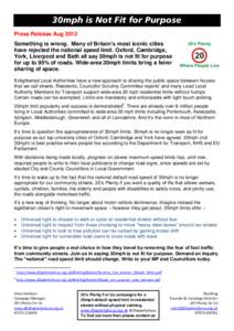 30mph is Not Fit for Purpose Press Release Aug 2012 Something is wrong. Many of Britain’s most iconic cities have rejected the national speed limit. Oxford, Cambridge, York, Liverpool and Bath all say 30mph is not fit 