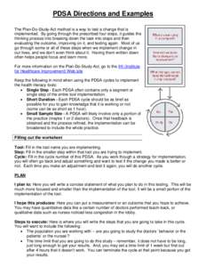 PDSA Directions and Examples The Plan-Do-Study-Act method is a way to test a change that is implemented. By going through the prescribed four steps, it guides the thinking process into breaking down the task into steps a