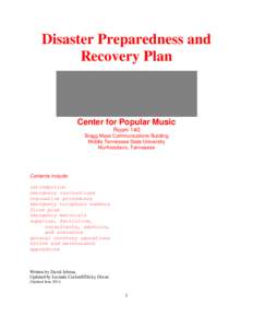 Disaster Preparedness and Recovery Plan Center for Popular Music Room 140 Bragg Mass Communications Building