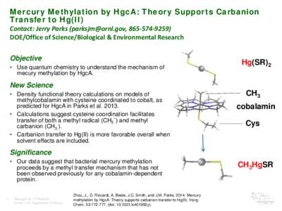 Mercury Methylation by HgcA: Theory Supports Carbanion Transfer to Hg(II) Contact: Jerry Parks ([removed], [removed]DOE/Office of Science/Biological & Environmental Research Objective • Use quantum chemistr
