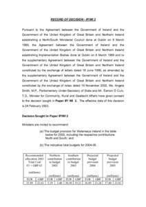 RECORD OF DECISION - IP/WI 2 Pursuant to the Agreement between the Government of Ireland and the Government of the United Kingdom of Great Britain and Northern Ireland establishing a North/South Ministerial Council done 