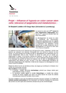 Projet « Influence of hypoxia on colon cancer stem cells: relevance of epigenetics and metabolomics » Dr Elisabeth Letellier et Dr Serge Haan (Université du Luxembourg) Le cancer du colon est le 3ième cancer le plus 