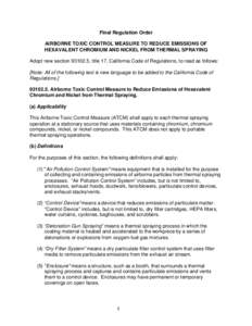 Rulemaking: [removed]Final Regulation Order Thermal Spraying ATCM