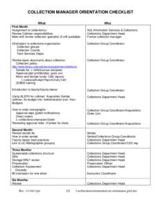COLLECTION MANAGER ORIENTATION CHECKLIST What Who  First Month: