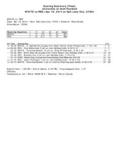 Scoring Summary (Final) University of Utah Football WHITE vs RED (Apr 19, 2014 at Salt Lake City, UTAH) WHITE vs. RED Date: Apr 19, 2014 • Site: Salt Lake City, UTAH • Stadium: Rice-Eccles