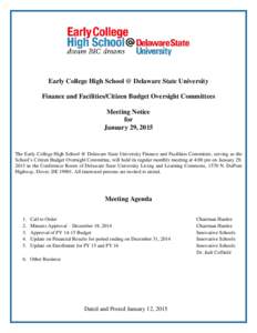 Early College High School @ Delaware State University Finance and Facilities/Citizen Budget Oversight Committees Meeting Notice for January 29, 2015