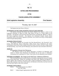 - 36 -  No. 13 VOTES AND PROCEEDINGS of the YUKON LEGISLATIVE ASSEMBLY