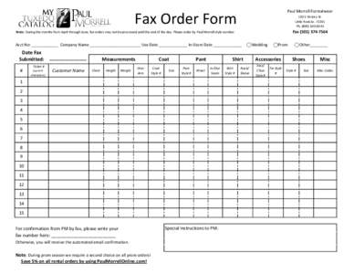 Paul Morrell Formalwear  Fax Order Form 120 S Victory St. Little Rock Ar