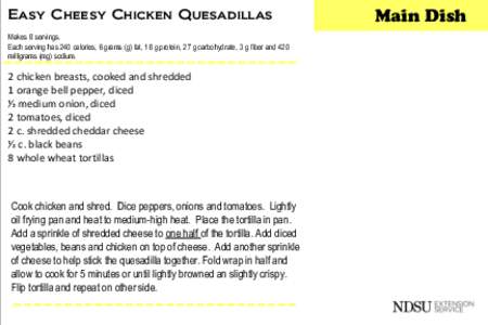 Easy Cheesy Chicken Quesadillas Makes 8 servings. Each serving has 240 calories, 6 grams (g) fat, 18 g protein, 27 g carbohydrate, 3 g fiber and 420 milligrams (mg) sodium.  2 chicken breasts, cooked and shredded