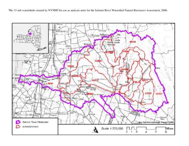 The 15 sub-watersheds created by NYNHP for use as analysis units for the Salmon River Watershed Natural Resources Assessment, 2006.  Ecological and Botanical Inventory locations within and nearby the Salmon River waters