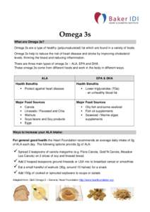Omega 3s What are Omega 3s? Omega 3s are a type of healthy (polyunsaturated) fat which are found in a variety of foods. Omega 3s help to reduce the risk of heart disease and stroke by improving cholesterol levels, thinni