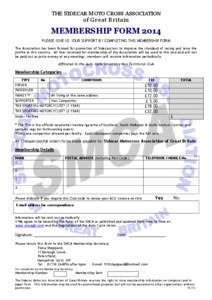 THE SIDECAR MOTO CROSS ASSOCIATION of Great Britain MEMBERSHIP FORM 2014 PLEASE GIVE US YOUR SUPPORT BY COMPLETING THIS MEMBERSHIP FORM The Association has been formed for promotion of Sidecarcross to improve the standar