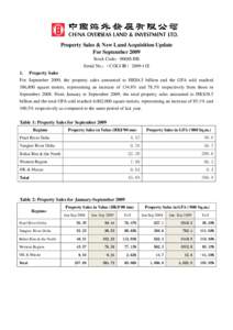 Property Sales & New Land Acquisition Update For September 2009 Stock Code：00688.HK Serial No.：（COLI-IR）2009-11E 1. Property Sales For September 2009, the property sales amounted to HK$4.5 billion and the GFA sol