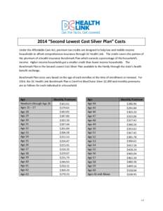 2014 “Second Lowest Cost Silver Plan” Costs Under the Affordable Care Act, premium tax credits are designed to help low and middle-income households to afford comprehensive insurance through DC Health Link. The credi